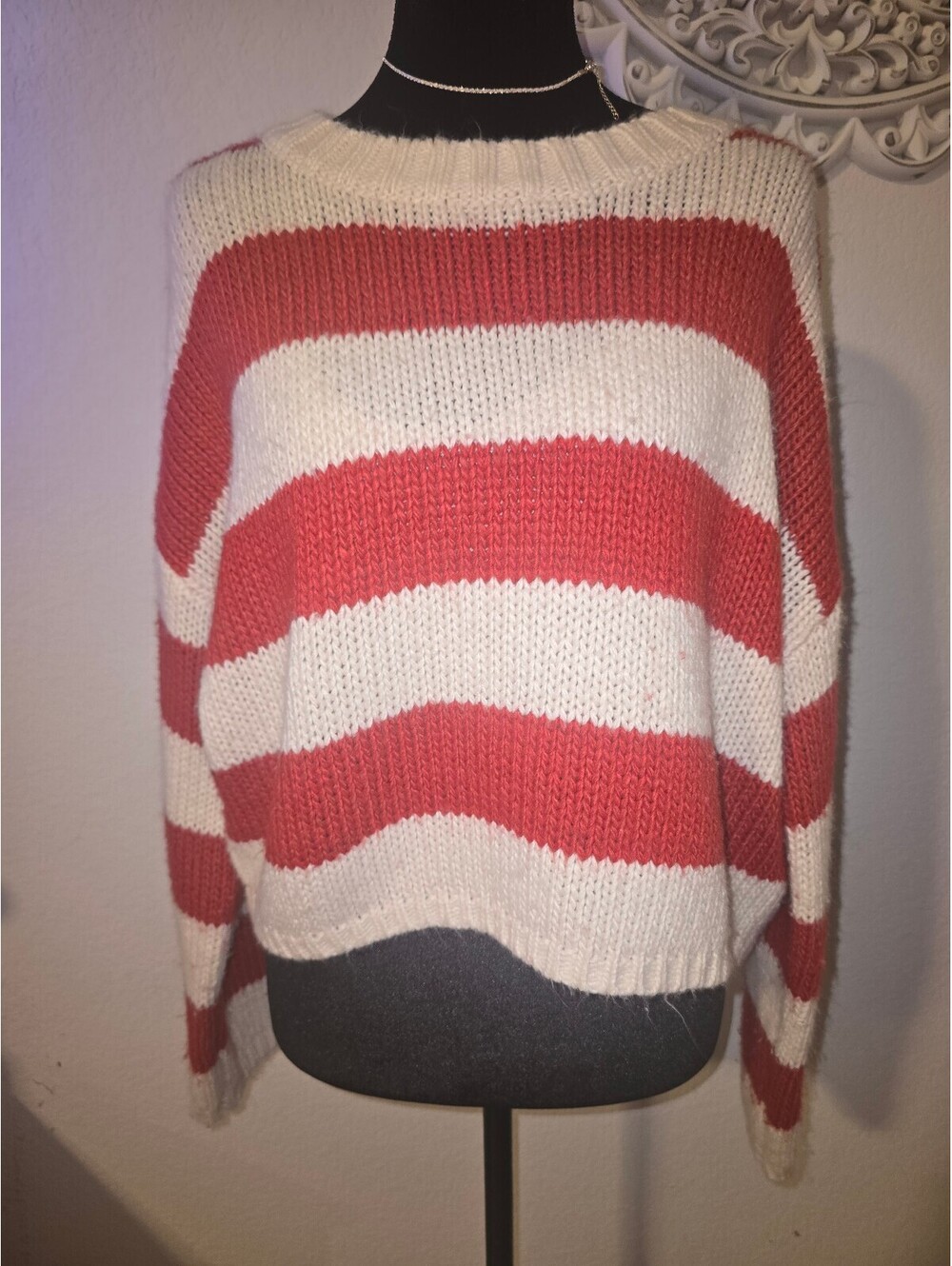 SO Medium Red and White Striped Knit Sweater